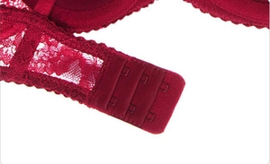 Détail du soutien-gorge en dentelle rouge foncé avec fermeture à 3 rangées d'agrafes au dos