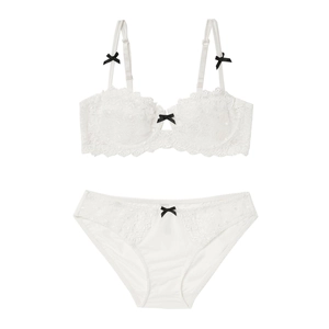 White lace lingerie set with half-cup bra and panty featuring elegant black bows
