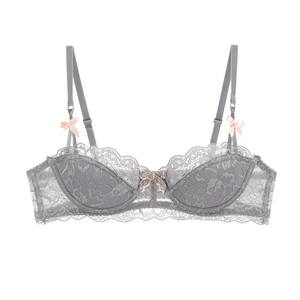 Elegant grey floral lace bra with pink satin bows and adjustable shoulder straps