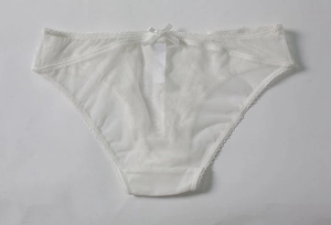 Détail de culotte en dentelle blanche avec nœud central délicat et bordures festonnées