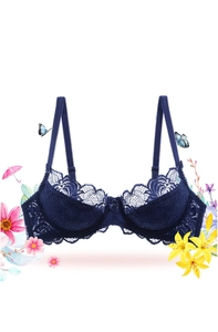 Detailed view of dark blue lace bra featuring 3/4 cups and delicate floral embroidery