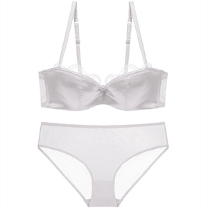 Weißes französisches Push-up-BH-Set 1/2 Cup nahtlos mit feiner Spitze und Satin-Finish