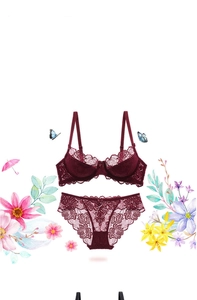 Detailed macro view of wine red floral lace bra and matching panties set for women