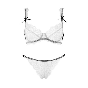 Ensemble lingerie en dentelle française avec soutien-gorge blanc et string à nœuds noirs