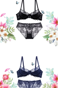 Lace bra and panty set in black and navy blue with sheer floral mesh details