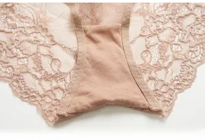 Dettaglio slip in pizzo color nudo con trama floreale e fodera del cavallo in cotone