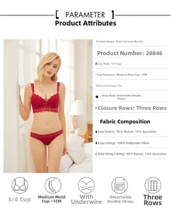 Detailed parameter chart for red lace push-up bra set with 3/4 cups and steel wire