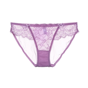 Culotte sexy en dentelle violette transparente pour femme avec détails de nœuds délicats