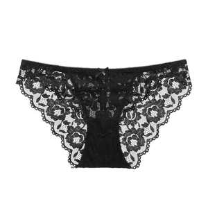 Sexy black lace panty for women featuring sheer floral patterns and a cute bow