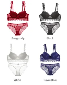 Lace bra set in wine red, black, white, and royal blue with exquisite mesh detail
