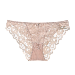 Elegant beige lace panties for women featuring a low-waisted design and a central bow detail