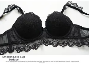 Detailed view of black lace bra featuring scalloped floral edges and mesh side wings
