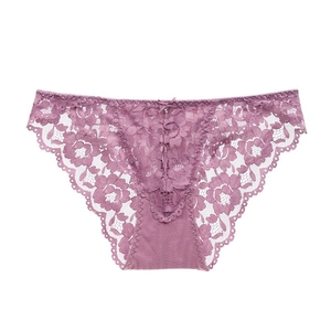Elegant dark purple floral lace panties for women with low waist and bow detail
