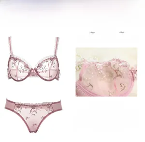 Dettaglio del set lingerie in pizzo rosa con ricamo floreale viola e tessuto a rete