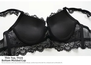 Detail of black lace bra with graduated padding cups for lifting and push-up support