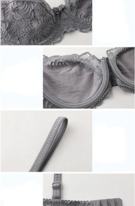 Close-up of grey lace bra featuring floral patterns and three-row hook-and-eye closure