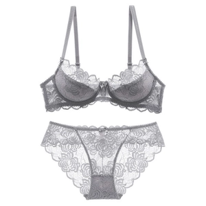 Breathable grey lace bra set with floral embroidery and thin adjustable straps