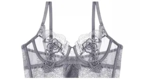 Détail d'un soutien-gorge en dentelle violet clair avec broderie florale et tulle transparent