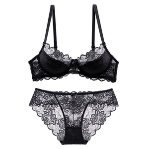 Elegant black lace lingerie set with floral mesh bra and matching sheer panties