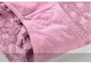 Close-up of mauve lace panties featuring floral embroidery and breathable cotton lining