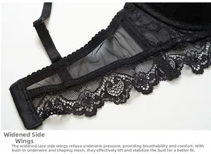 Detailed macro view of wide lace side wings with built-in boning on black bra