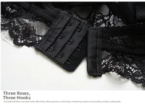 Detailed macro view of the three-row hook and eye closure on black lace bra