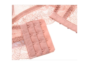 Gros plan de l'attache arrière à quatre rangées et de la dentelle fine du soutien-gorge rose