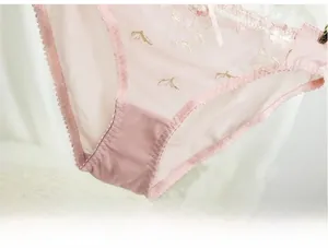 Dettaglio slip in pizzo rosa con ricamo floreale e fodera del tassello in cotone