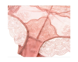 Gros plan sur la dentelle florale rose délicate de ce sous-vêtement sexy pour femme