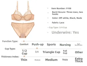 Detailed view of beige lace lingerie set features back closure and 3/4 cup bra design
