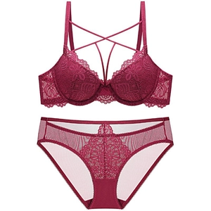 Ensemble soutien-gorge push-up en dentelle française rouge foncé avec motifs floraux