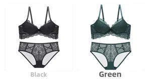 Ensembles soutien-gorge push-up et culotte en dentelle, noir et vert foncé, détails floraux