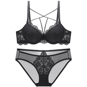 Ensemble soutien-gorge push-up en dentelle française noire avec motifs floraux
