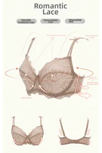 Detail view of sheer floral lace cup and wide side wings on thin breathable bra