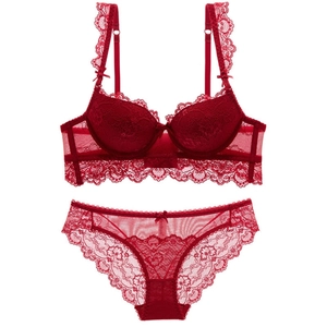 Elegant red lace lingerie set with push-up bra and matching lace panties on white background
