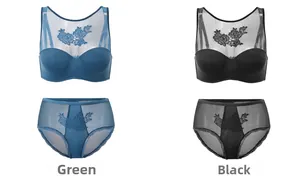 Détails de broderie florale sur ensemble lingerie sexy en mesh vert et noir