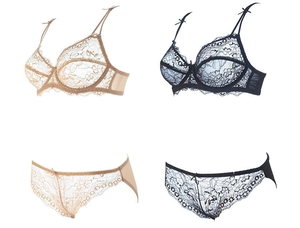 Detailed view of sheer floral lace lingerie sets in beige and black with bow accents
