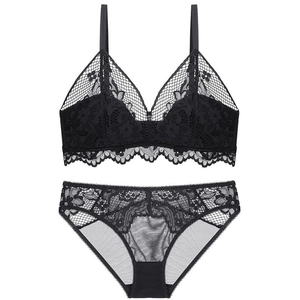 Lace bralette and panty set in black featuring floral patterns and scalloped edges