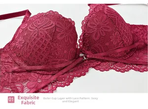 Détails du soutien-gorge en dentelle rouge vin avec fermeture avant et broderie florale
