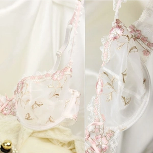 Set reggiseno push-up in pizzo bianco con ricami floreali rosa e dettagli in mesh