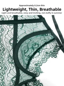 Detail eines 0,2 cm dünnen, dunkelgrünen Dessous-Sets aus floraler Spitze mit Netzstruktur