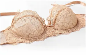 Close-up of beige sheer mesh lace bra featuring floral embroidery and a bow detail