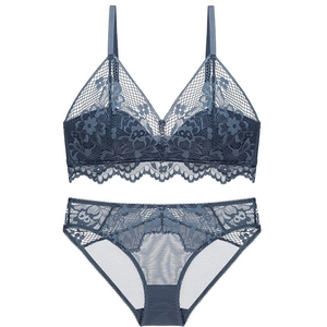 Women's Luxurious Lace Bra and Panty Top and Bottom Nylon Mesh Floral Wireless Thin Push-up Lingerie For Women Elegant Style