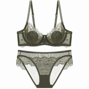 Lace bra and panty set in olive green featuring delicate eyelash lace and mesh
