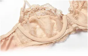 Detail of ultra-thin breathable mesh cups and delicate lace trim on beige bra