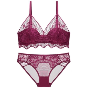 Elegant deep red lace lingerie set with floral patterns and mesh detail for women