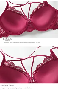 Détails d'un soutien-gorge en dentelle bordeaux avec rembourrage et brides croisées sexy
