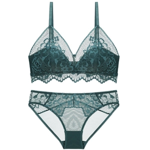 Elegant dark green lace lingerie set with wireless triangle bra and matching panties