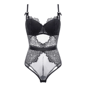 Elegant black lace bodysuit with sheer mesh panels and floral embroidery for women