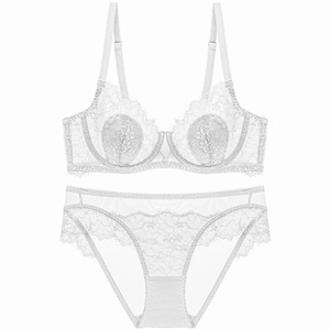 Elegant white floral lace lingerie set with translucent underwire bra and matching panties